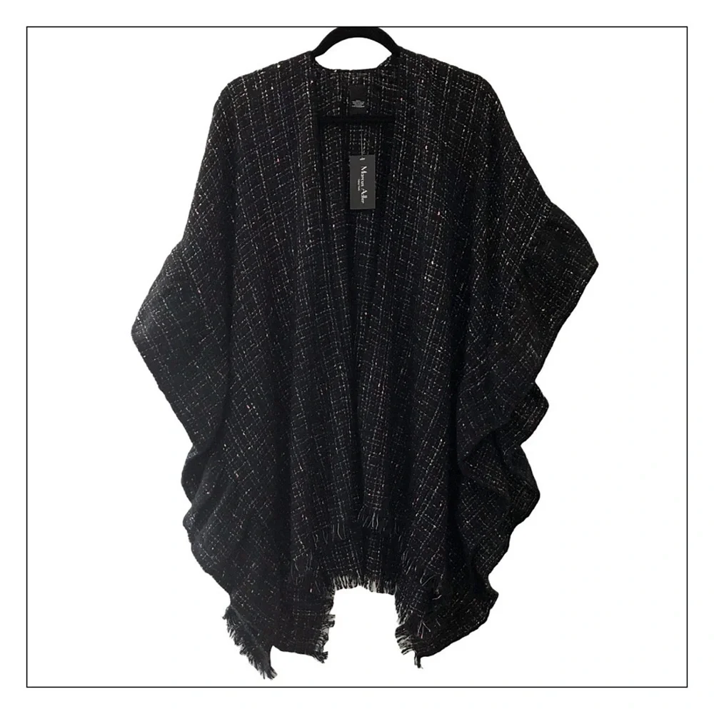 Nwt Black Ruffled Lurex Cozy Ruana Shawl Wrap
